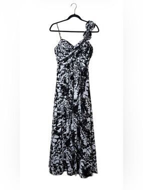 Betsy & Adam Black and White One-Shoulder Rosette Maxi Dress,Size 4